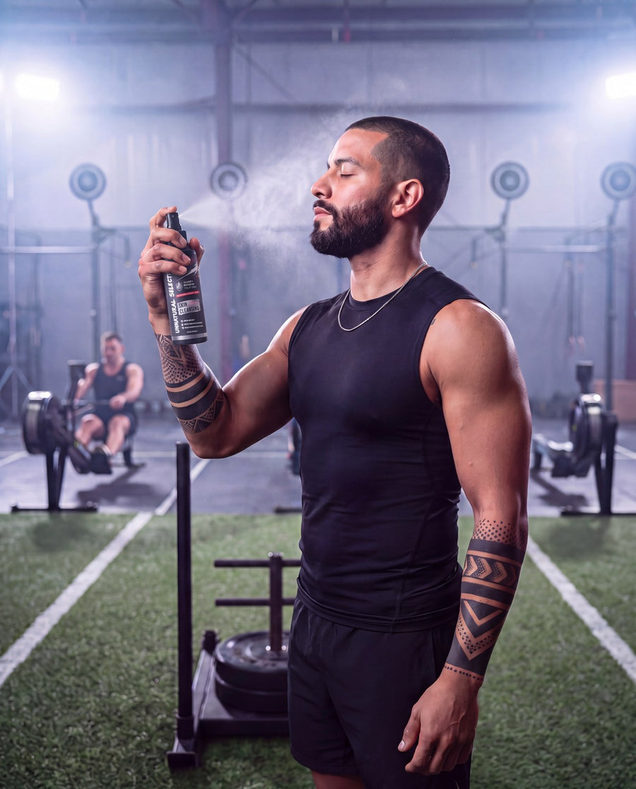 Athlete next to a push sled spraying UNS skin cleansing spray after training