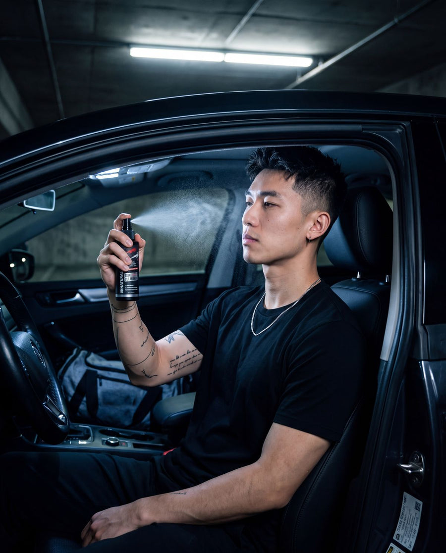 Man in his car after the gym spraying UNS skin cleansing spray