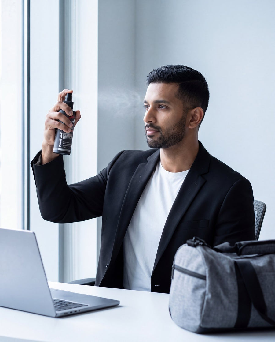 Man at his office desk spraying UNS skin cleansing spray on his face, gym bag beside him