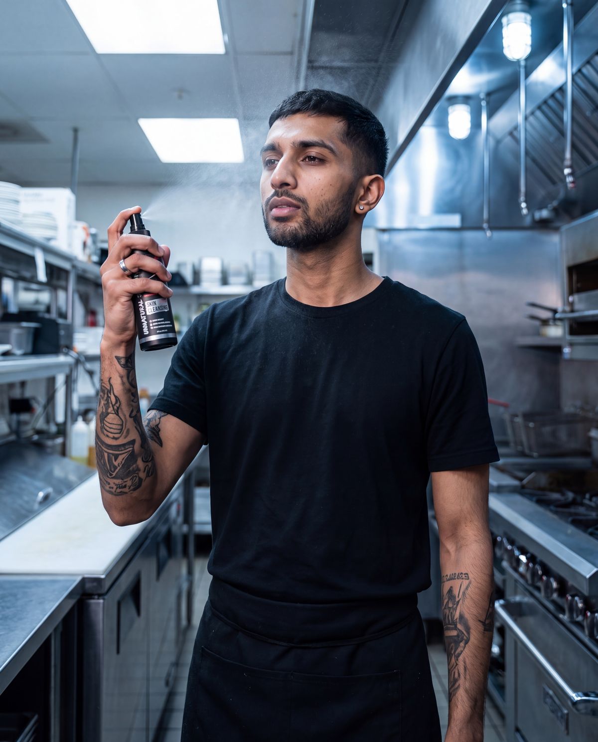 Server in a restaurant kitchen after his shift spraying UNS skin cleansing spray