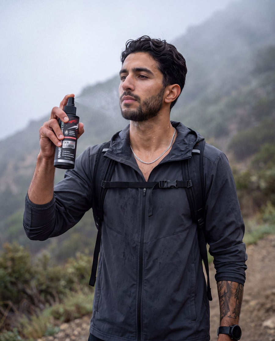 Trail runner on a misty mountain path spraying UNS skin cleansing spray