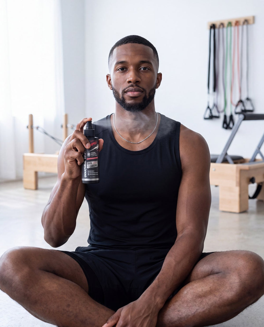 Athlete sitting cross-legged in a bright training studio spraying UNS skin cleansing spray