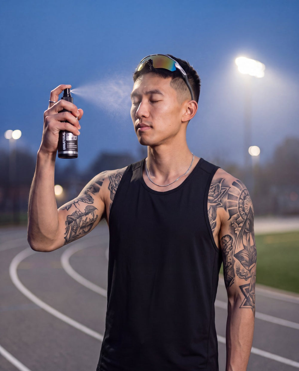 Tattooed track athlete in a black racing singlet spraying UNS skin cleansing spray on his face at dusk